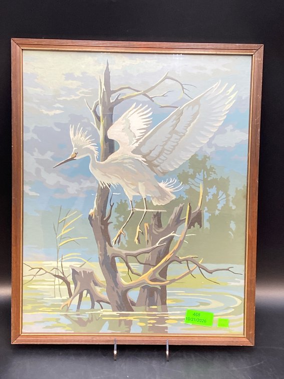 Framed Egret Bird Lithograph