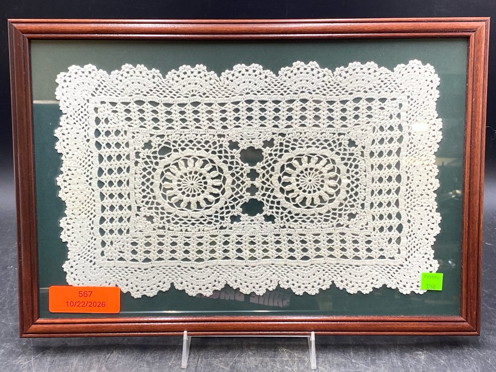 Framed Crochet White Lace Doily