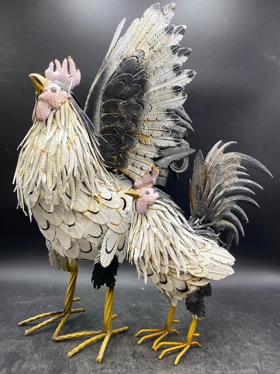 Painted Metal Rooster Sculptures