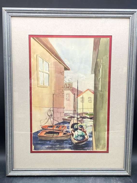 Boating Canal Framed Watercolor