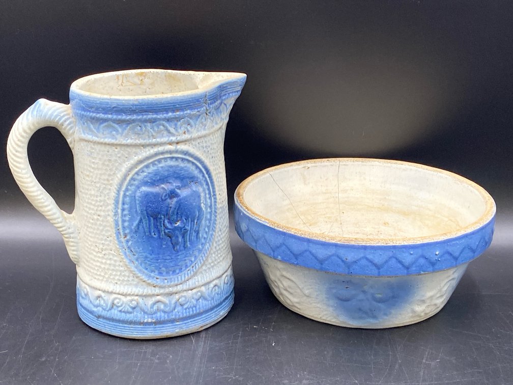 Blue & White Stoneware Pitcher & Bowl