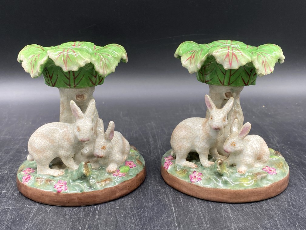 Majolica-Style Porcelain Rabbit Figurals
