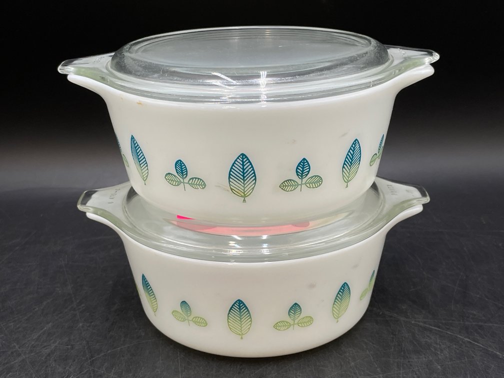 Pyrex Blue Green Leaf Cinderella Casserole Duo