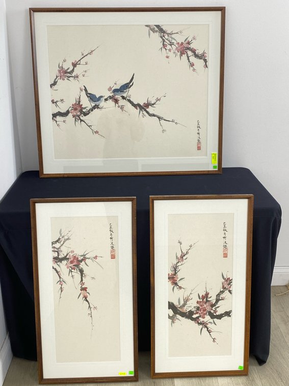 Framed Birds & Tree Blossoms Triptych