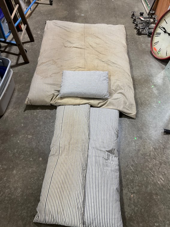 Blue Feather Ticking Pillows & Rope Bed Mattress