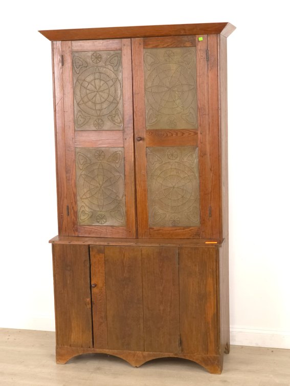 19th c. Punched Tin Stepback Cupboard