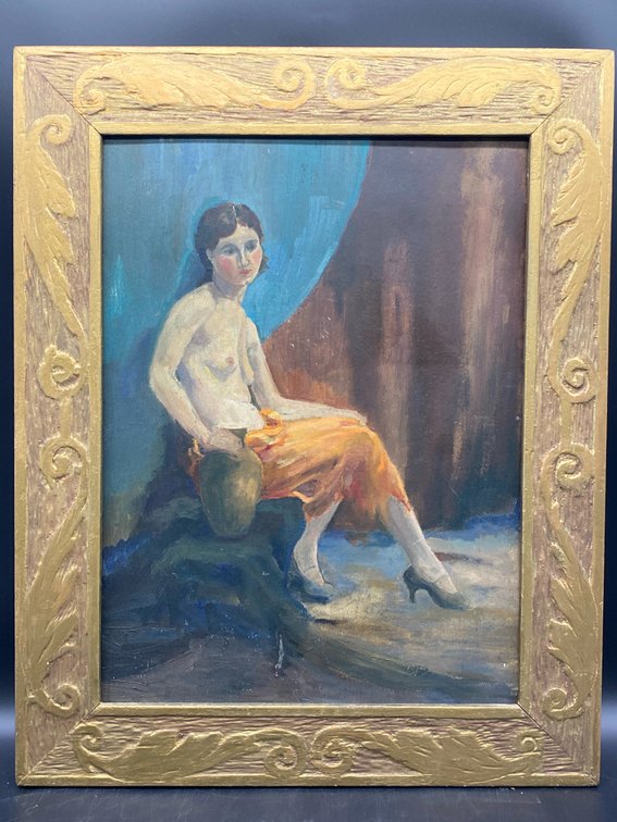 Seated Female Figure Framed Oil on Canvas