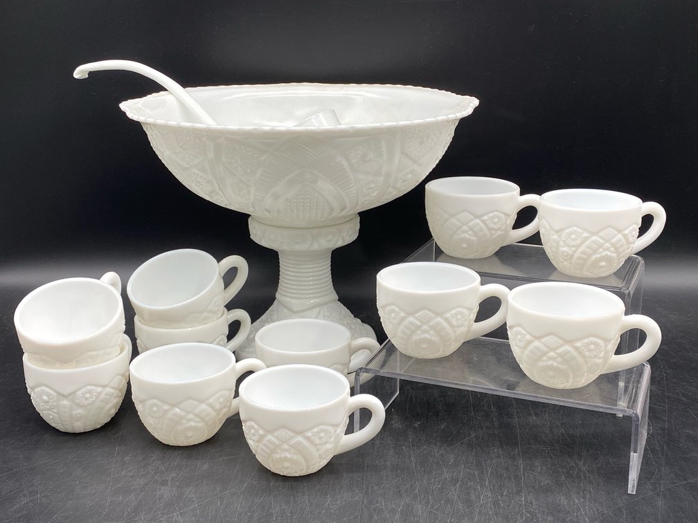 McKee Concord Milk Glass Punch Bowl Set