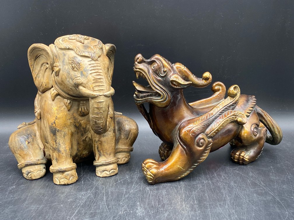 Dragon & Elephant Ceramic Figures