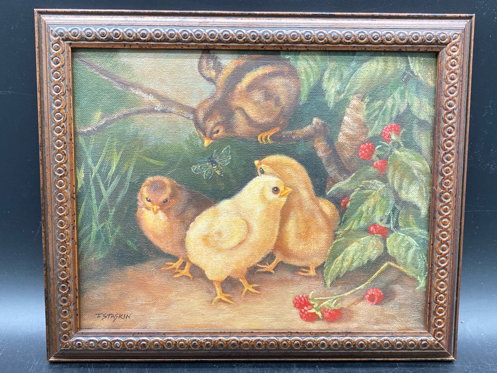 T. Staskin Framed Baby Chicks Oil Painting