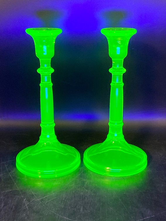 Green Uranium Glass Candlestick Pair