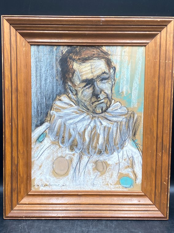 1961 Signed Pastel? Pierrot Clown Portrai