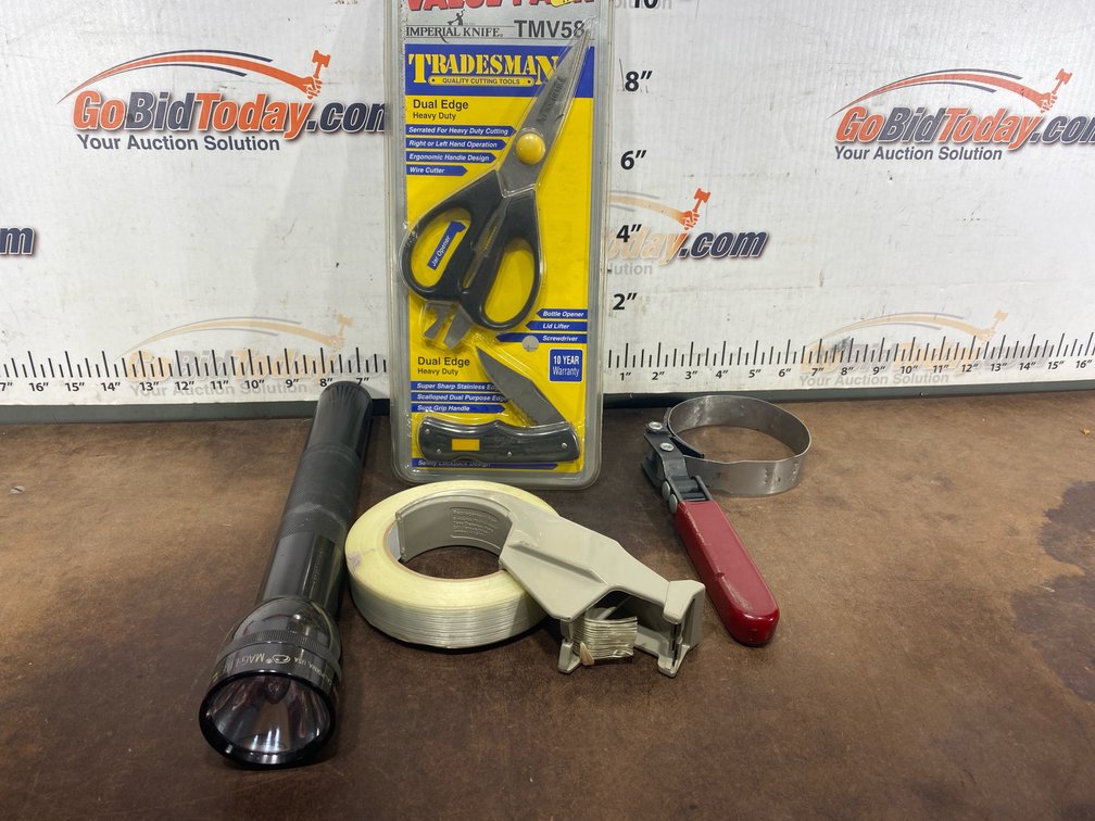 Flashlight, Cutting Tool Set, Tape Dispenser, and Oil Filter Wrench