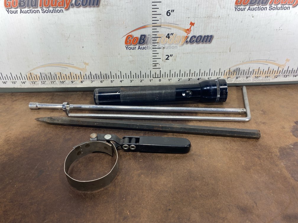 Flashlight, Oil Filter Wrench, Socket Extension Bars, and Steel Punch