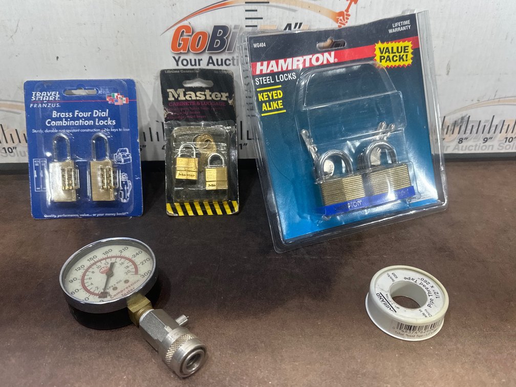 Padlocks, Compression Tester Gauge, and Thread Seal Tape