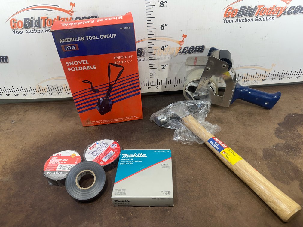 Folding Shovel, Claw Hammer, Tape Dispenser, Makita Pad, and More