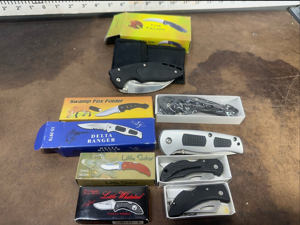 Frost Cutlery and Flying Falcon Folding Pocket Knives, Approx. 5 Pieces