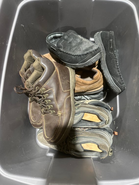 Men's Size 10 Shoes and Boots Lot with Storage Tote