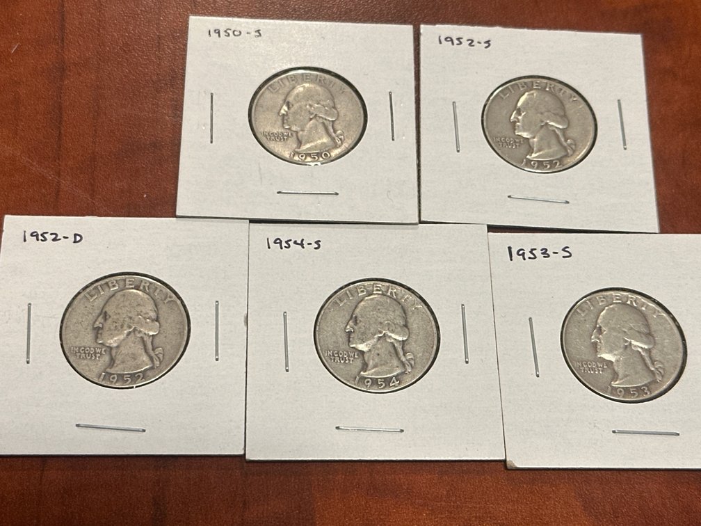 Five US Washington Silver Quarter Dollars 1950-1954