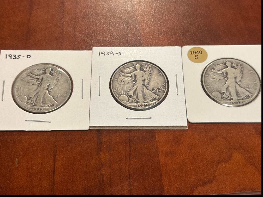 Three Walking Liberty Silver Half Dollar Coins (1935D, 1939S, 1940S)