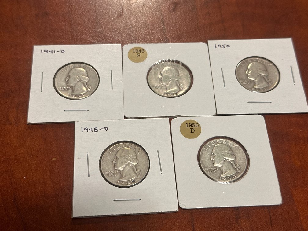 Five US Washington Quarter Dollar Coins (1941-1950)