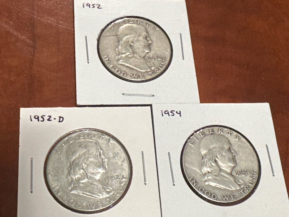 Three Franklin Half Dollar Silver Coins, 1952, 1952D and 1954