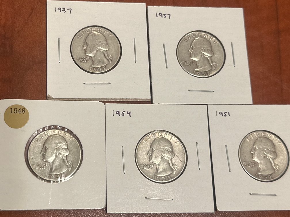 Five United States Washington Quarter Silver Coins (1937-1957)