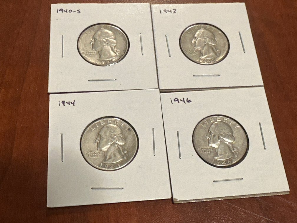 Four US Washington Silver Quarter Coins 1940-1946