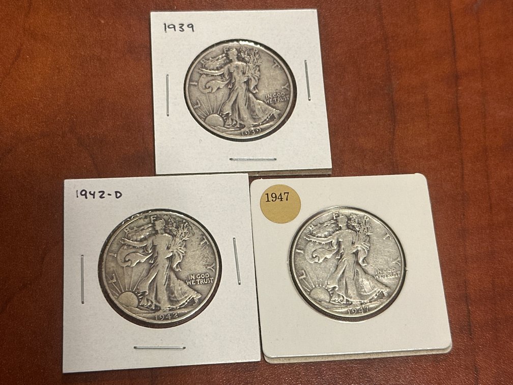 Three Walking Liberty Silver Half Dollars (1939, 1942D, 1947)