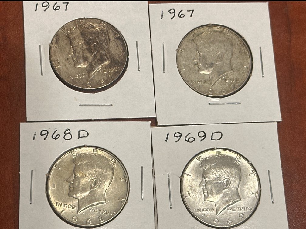 1967, 1967, 1968D and 1969D United States Kennedy Silver Half Dollar Coins