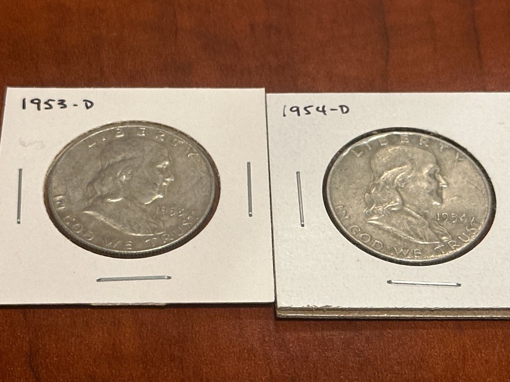 Approx. 2 Franklin Silver Half Dollar Coins (1953, 1954)
