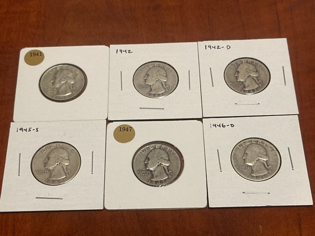 Approx. 6 US Washington Quarter Dollar Coins (1941-1947)