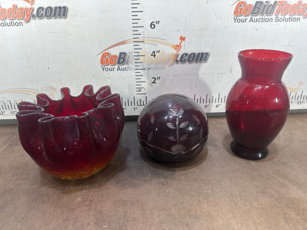 Ruby Red and Amberina Art Glass Bowl, Vase, and Cut Paperweight