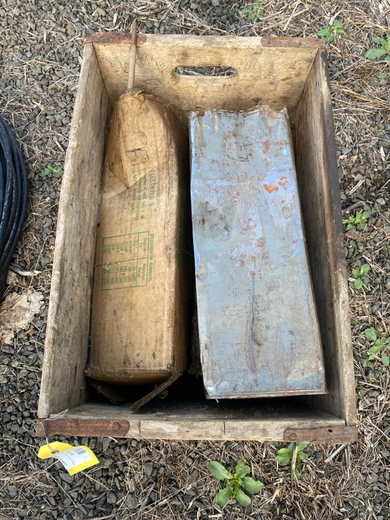 Petaluma Co-op Cr'y Wooden Crate with Fleetweld Welding Rods & Tin