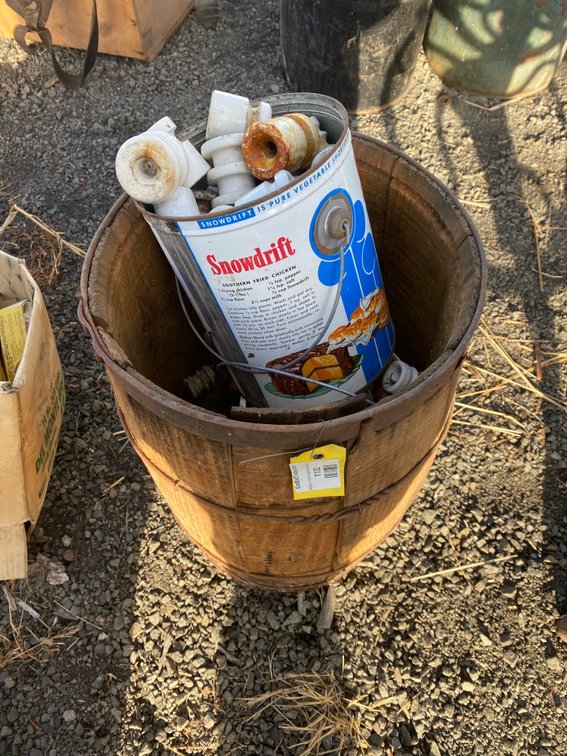 Wooden Slat Barrel with Tin Can and Porcelain Insulators