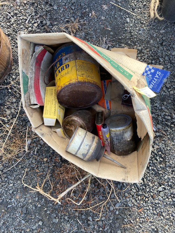 Vintage Advertising Tins, Oiler, and Automotive Supplies Box Lot
