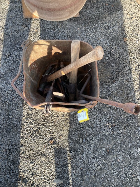 Metal Bucket with Hammers, and Hand Tools
