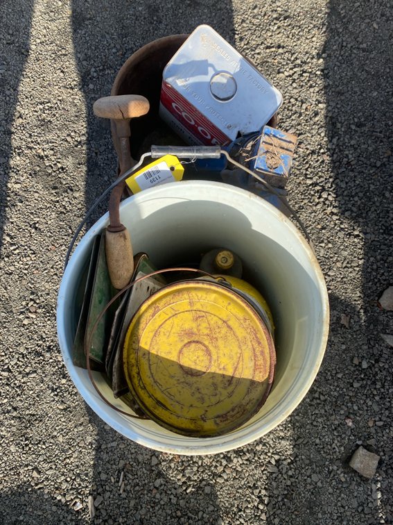 Vintage Advertising Tins, Hand Brace Drill, and Tools