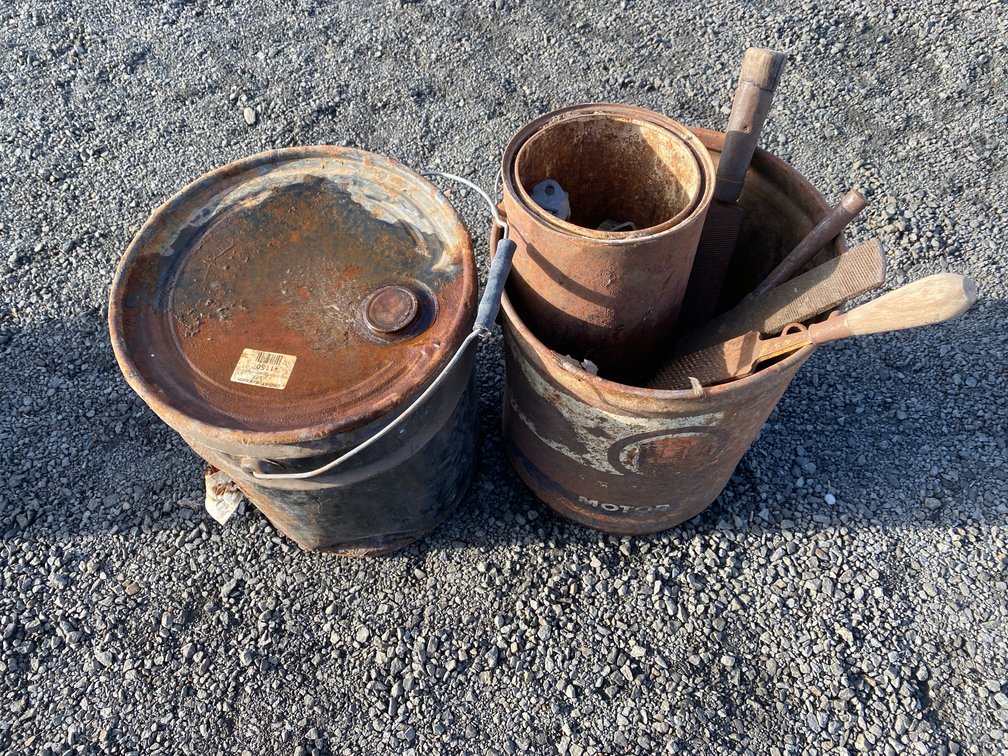 Vintage Metal Pails with Wood-Handled Rasps and Metal Can