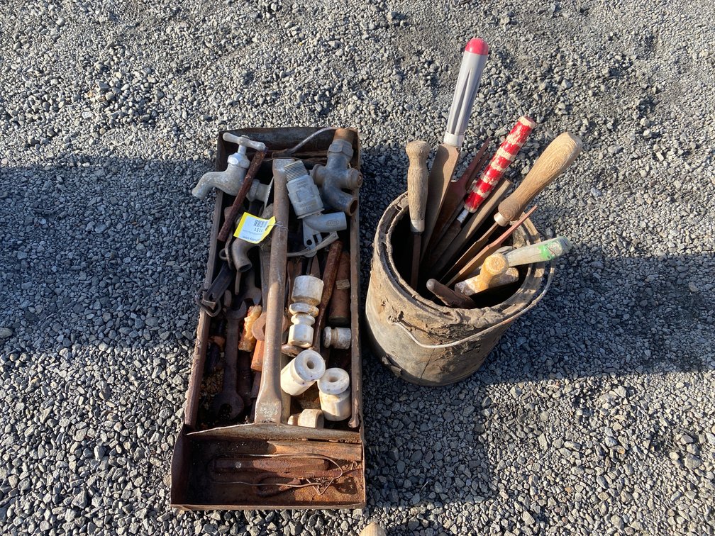 Metal Tool Caddy with Hardware and Can of Hand Files