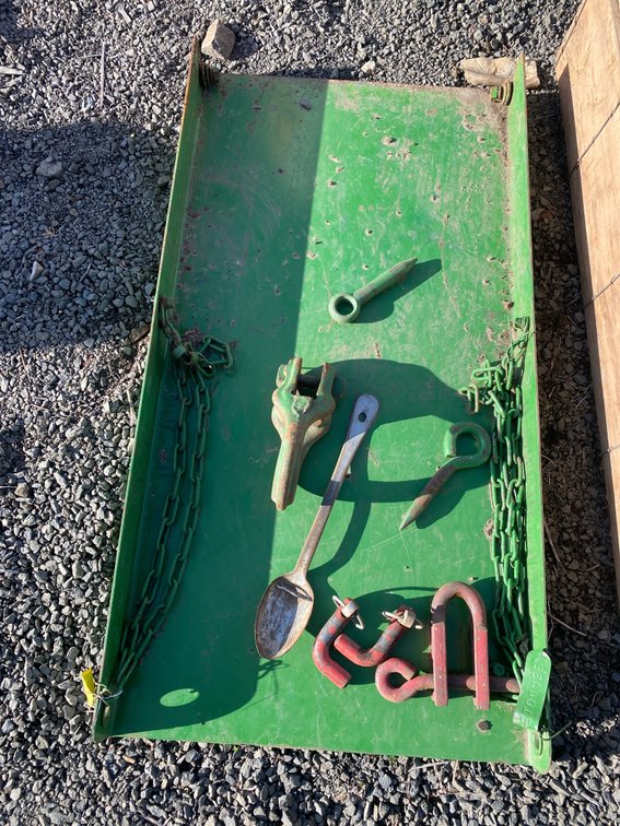 Green Metal Tray with Chains, Hitch Pins, Clevis, and Spoon