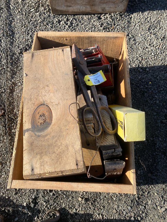 Wooden Crate with Metal Shears, Wooden Blocks, and More