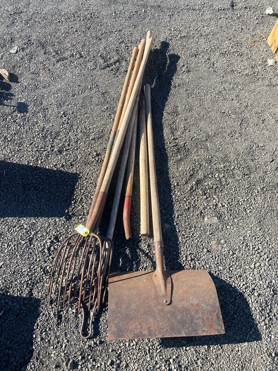 Farm Tools Including Ensilage Fork, Scoop Shovel, and Handles