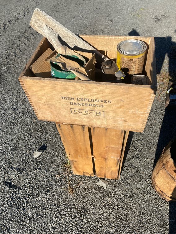 Wooden High Explosives Crate, Metal Cans, Wooden Paddle, and More