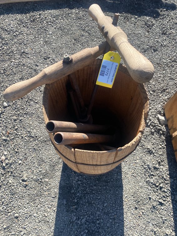 Wooden Stave Bucket with T-Handle Augers and Metal Pipes