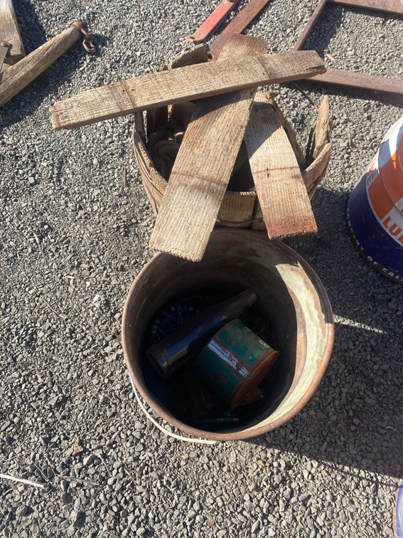 Metal Bucket and Wooden Slat Basket with Hardware, Bottle, and Rope