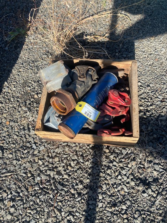 Wooden Crate with Pipe Fittings, Clamps, Junction Boxes, and More