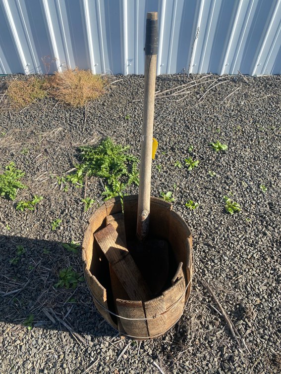 Wooden Stave Barrel with Wooden-Handled Shovel and Staves