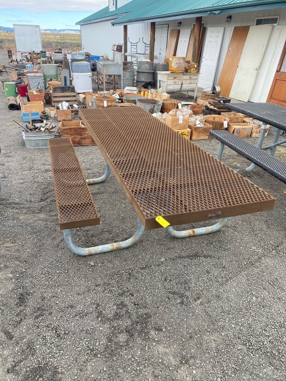 Brown Coated Metal Mesh Picnic Table with Attached Benches