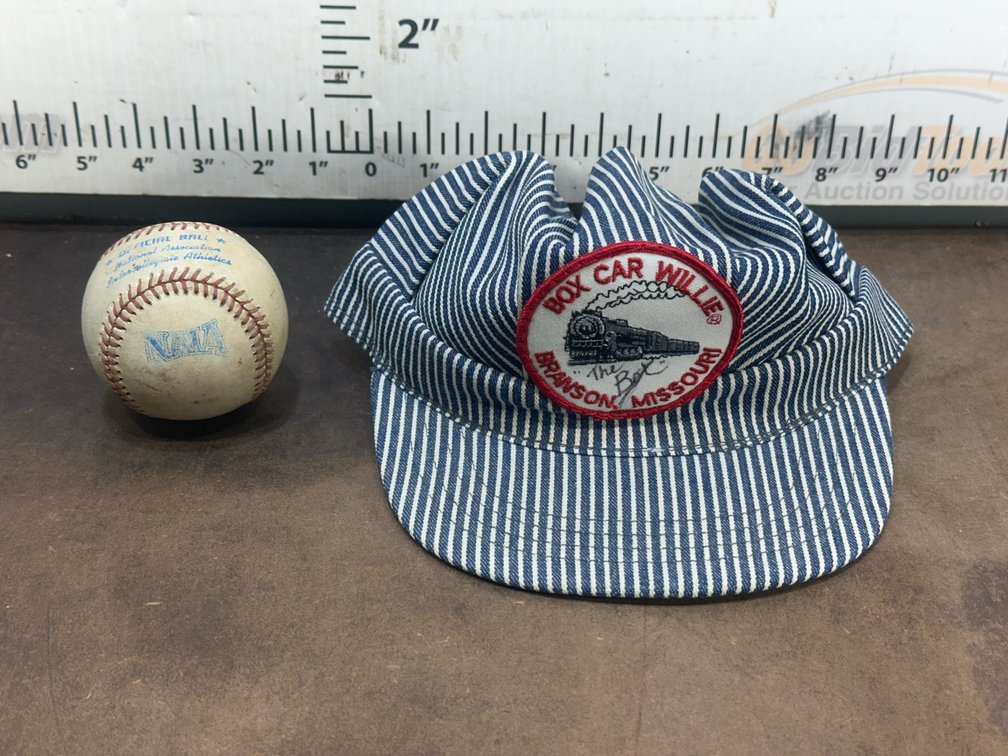 Box Car Willie Engineer Cap and Jim Perry Signed NAIA Baseball